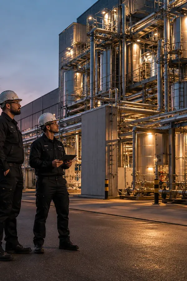 Zwei Techniker vor einer modernen Industrieanlage bei Abendlicht