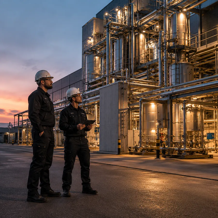 Zwei Techniker vor einer modernen Industrieanlage bei Abendlicht