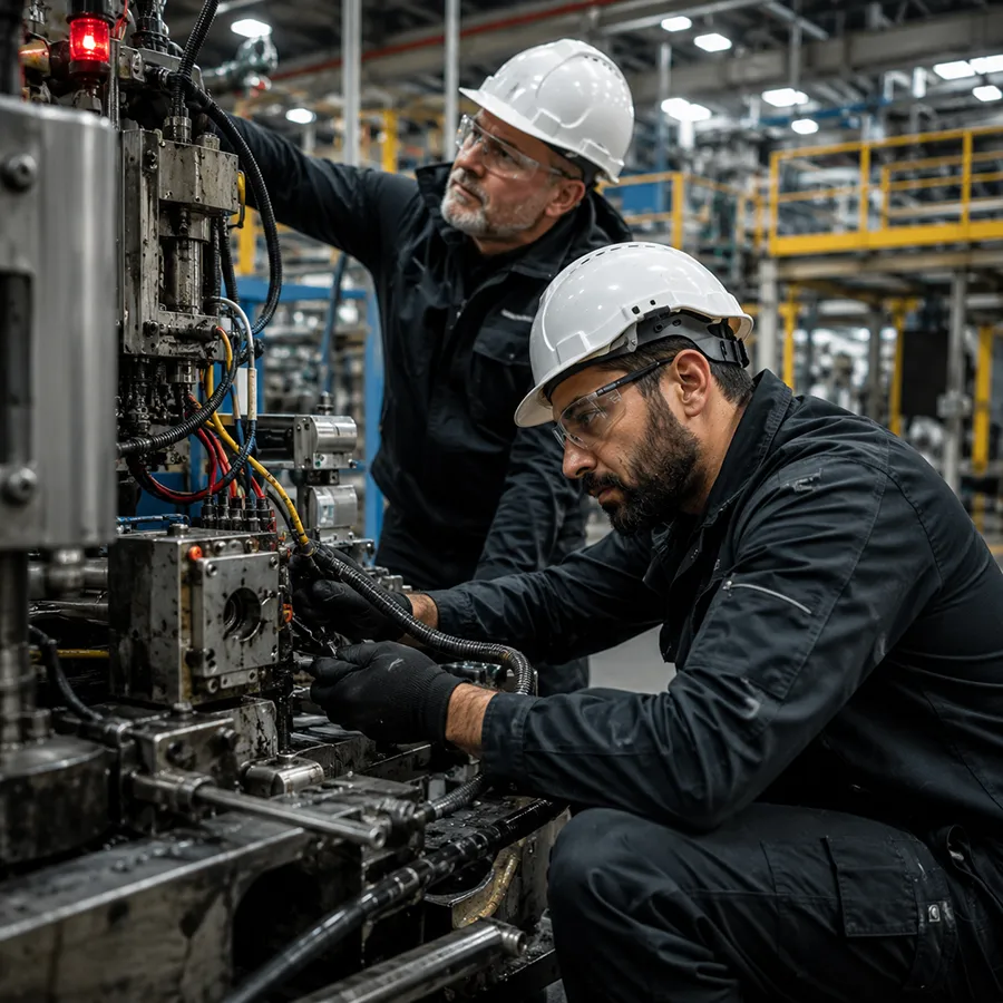 Zwei Techniker beheben eine Störung an einer Industrieanlage